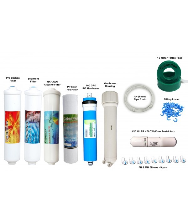 Colandas 12 Item Platinum Product Replacement Service Kit (100 GPD RO Membrane (Works Till 2000 TDS)with Membrane Housing, MAHAAN ALKALINE FILTER) Suitable for All RO Water Purifier System